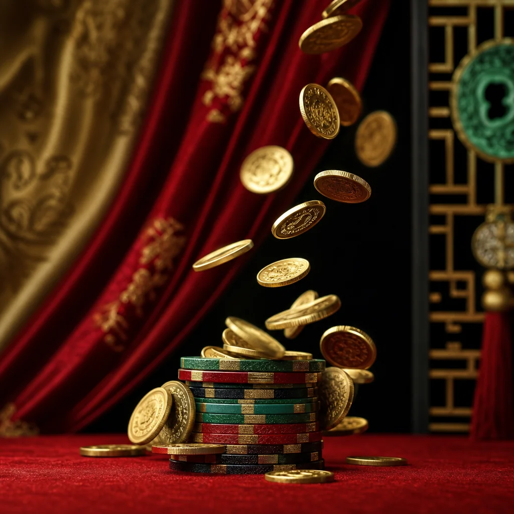 Gold coins cascading over red silk with casino bonus ribbons